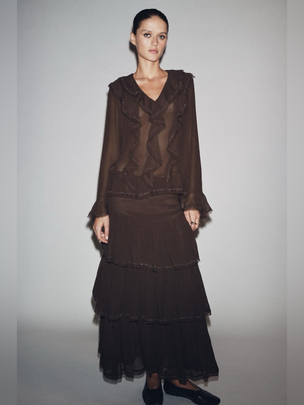 Zara NWT ZW Collection Brown Romantic Victorian Beaded Ruffle Blouse (Size XS)